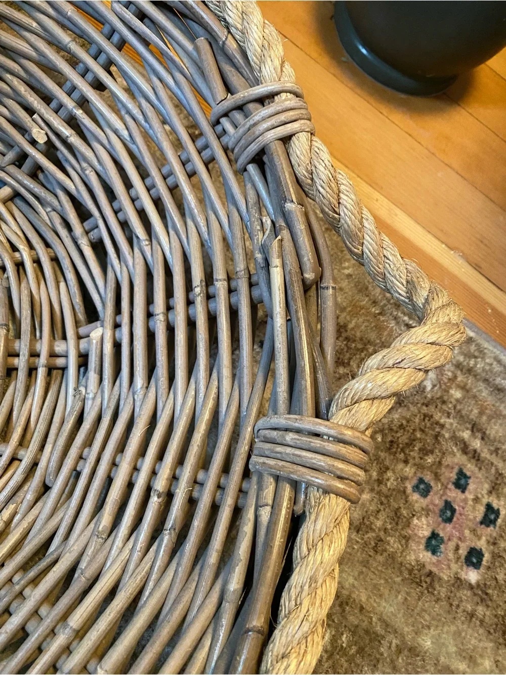 HUGE Vintage Gray Wash Round Wicker Basket Rope Handles Farmhouse Coastal Decor